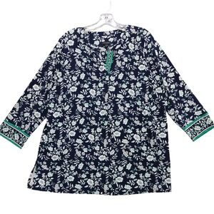 J.Jill Wearever Collection Floral Print 3/4 Sleeve Top Tunic Medium Blue